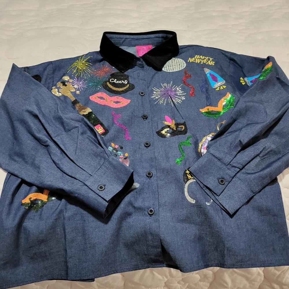 Queen Of Sparkles Embroidered Denim New Years Button-Up Shirt